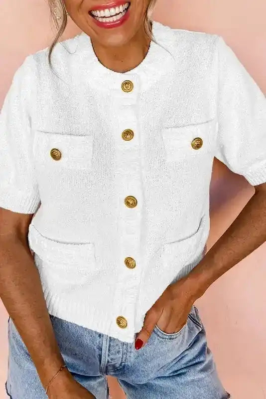 Sweater T-Shirt - White Gold Buttons Textured - Fashionfitz