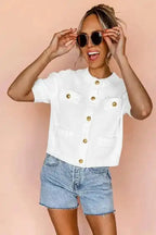 Sweater T-Shirt - White Gold Buttons Textured - Fashionfitz
