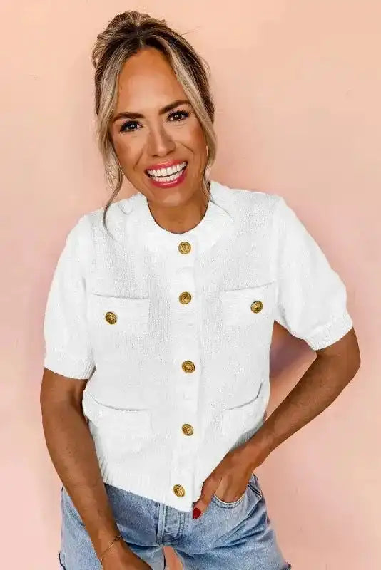 Sweater T-Shirt - White Gold Buttons Textured - Fashionfitz