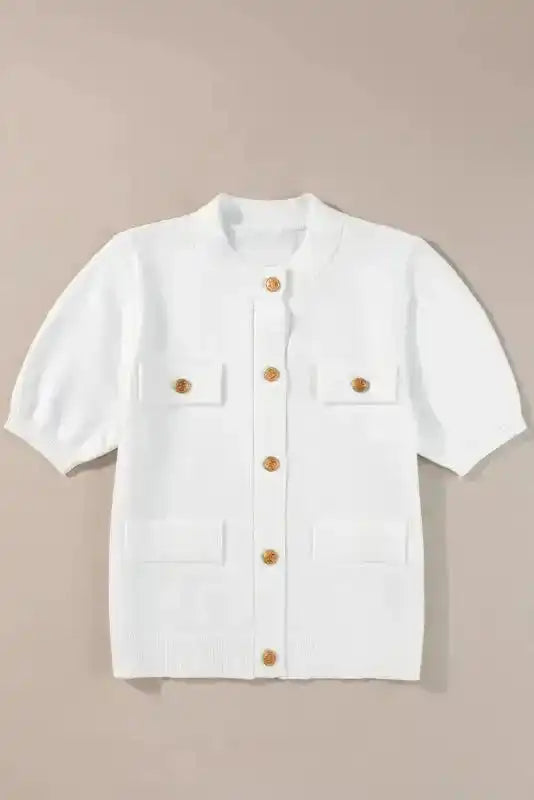 Sweater T-Shirt - White Gold Buttons Textured - Fashionfitz