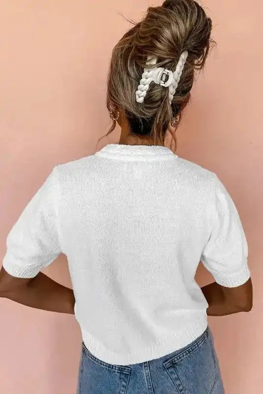 Sweater T-Shirt - White Gold Buttons Textured - Fashionfitz