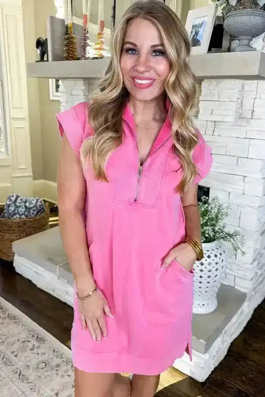 Sweatshirt Dress - Black Quarter Zip Pocketed Cap Sleeve - Fashionfitz