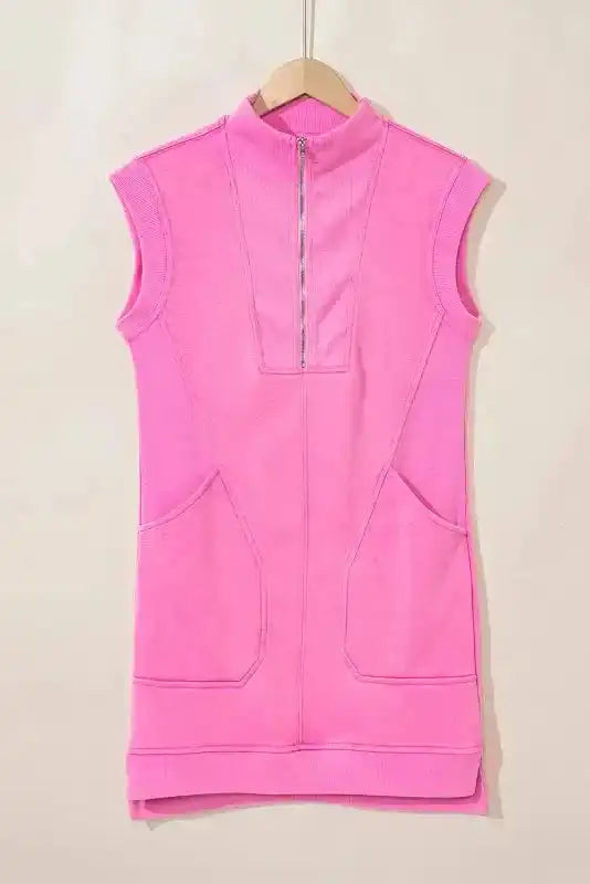 Sweatshirt Dress - Black Quarter Zip Pocketed Cap Sleeve - Fashionfitz