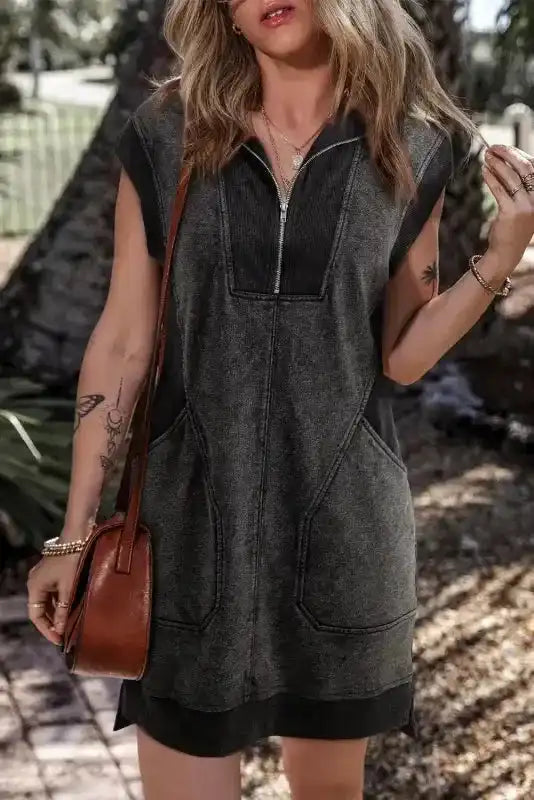 Black quarter zip pocketed cap sleeve sweatshirt mini dress front view — Fashionfitz UK