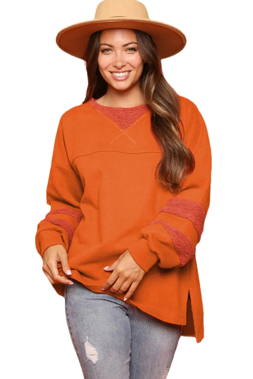 Carrot Fleece Patchwork Side Slits High Low Sweatshirt - Fashionfitz