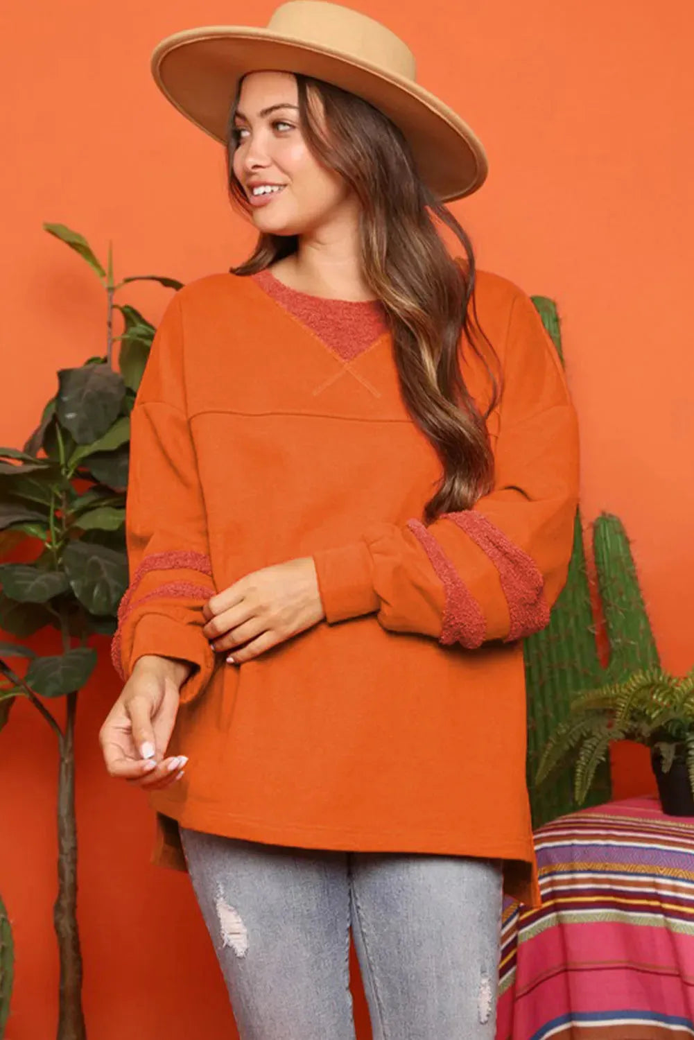 Carrot Fleece Patchwork Side Slits High Low Sweatshirt - Fashionfitz