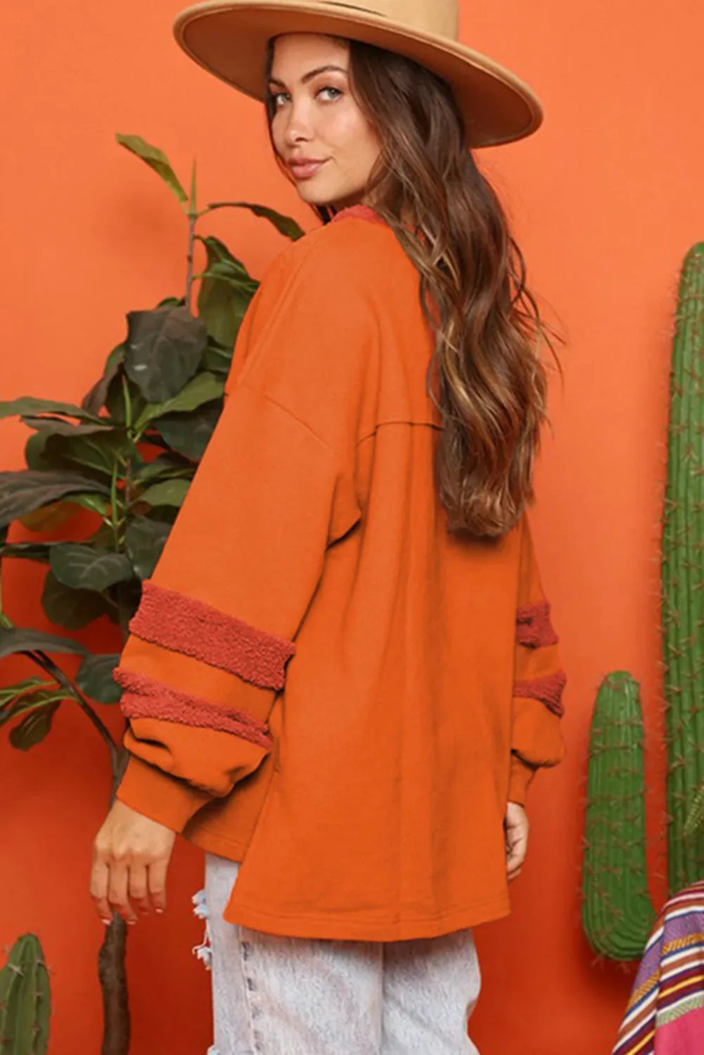 Carrot Fleece Patchwork Side Slits High Low Sweatshirt - Fashionfitz