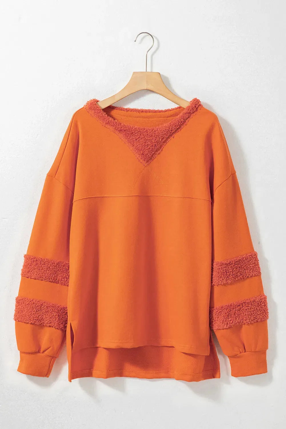 Carrot Fleece Patchwork Side Slits High Low Sweatshirt - Fashionfitz