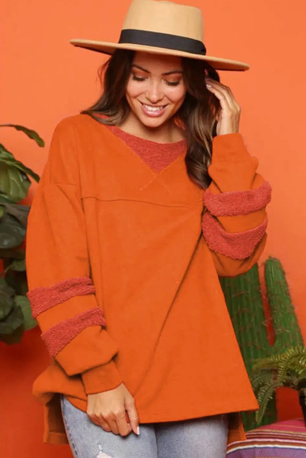Carrot Fleece Patchwork Side Slits High Low Sweatshirt - Fashionfitz