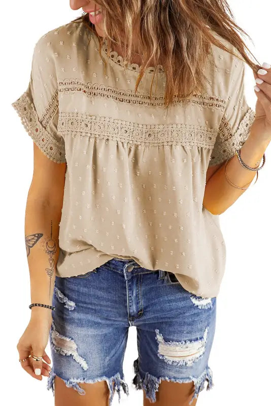 Swiss dot lace splicing short sleeve top - tops