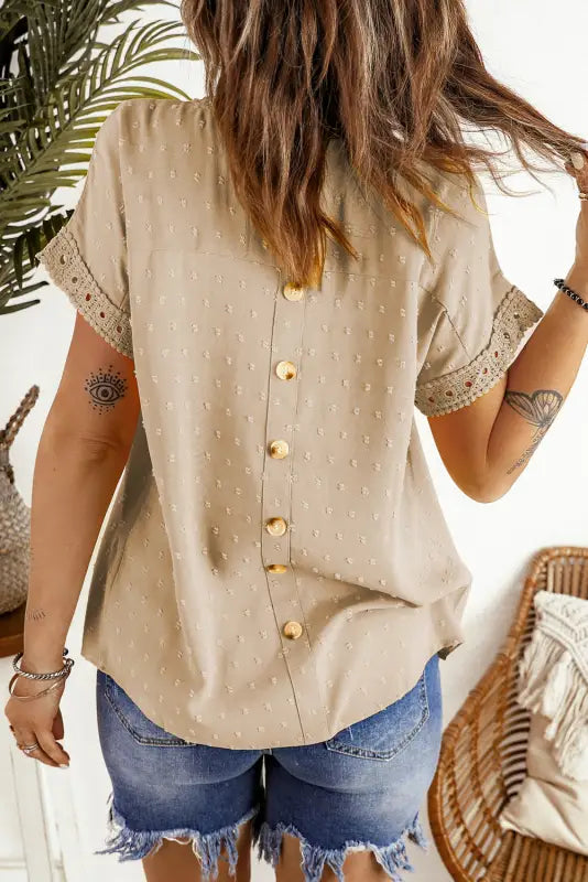 Swiss dot lace splicing short sleeve top - tops