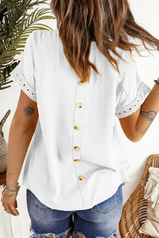 Swiss dot lace splicing short sleeve top - tops