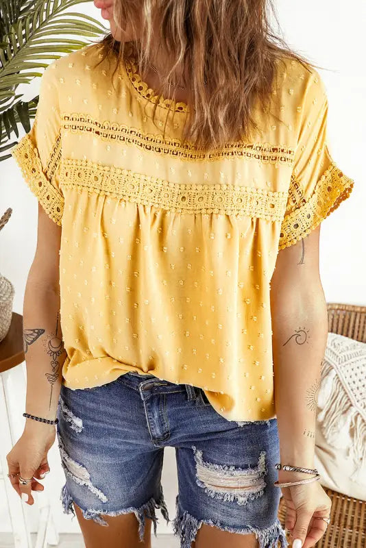 Swiss dot lace splicing short sleeve top - tops