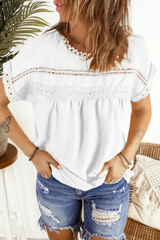 Swiss dot lace splicing short sleeve top - tops