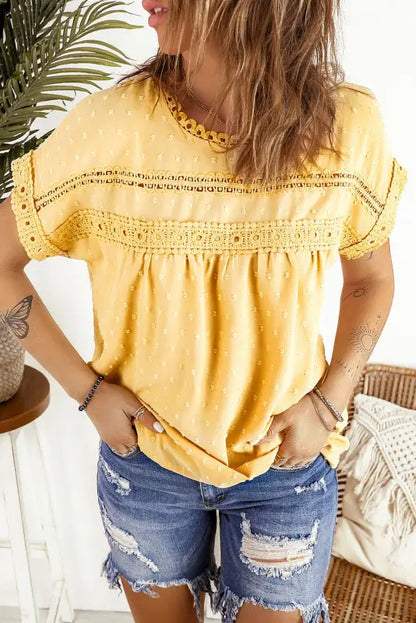 Swiss dot lace splicing short sleeve top - yellow / s / 100% polyester - tops