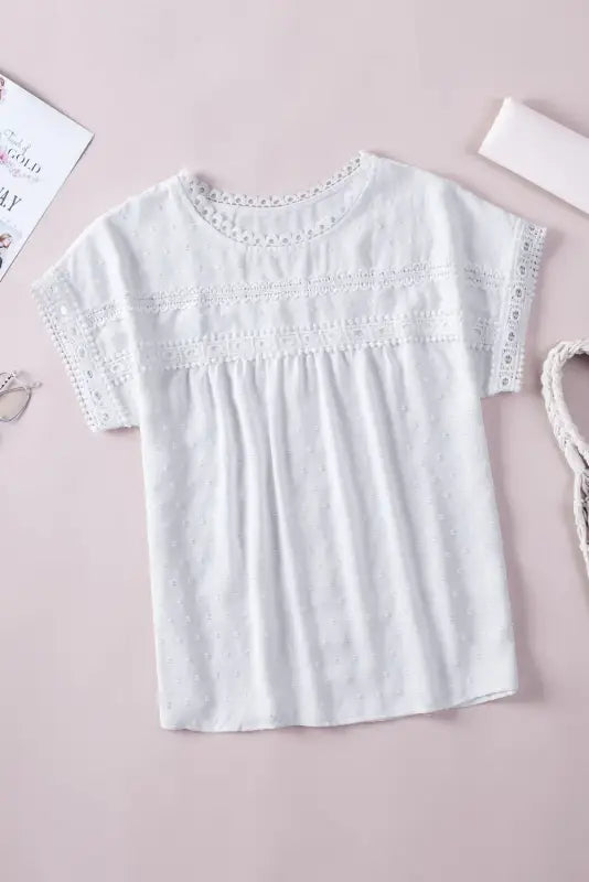 Swiss dot lace splicing short sleeve top - tops