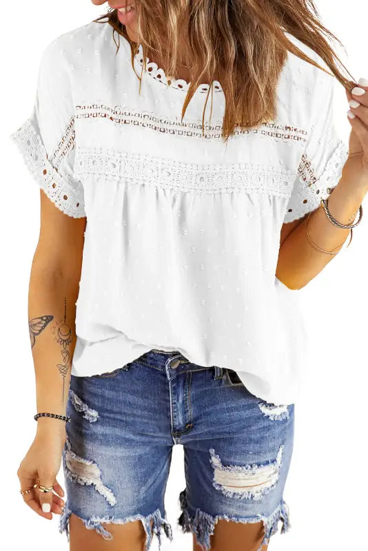 Swiss dot lace splicing short sleeve top - tops