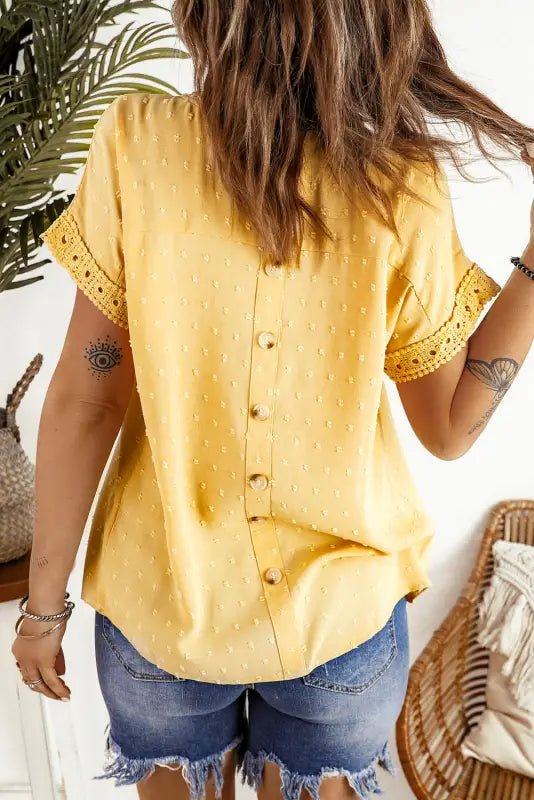 Swiss dot lace splicing short sleeve top - tops