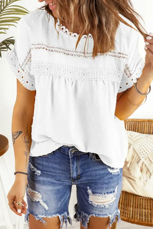 Swiss dot lace splicing short sleeve top - white / s / 100% polyester - tops