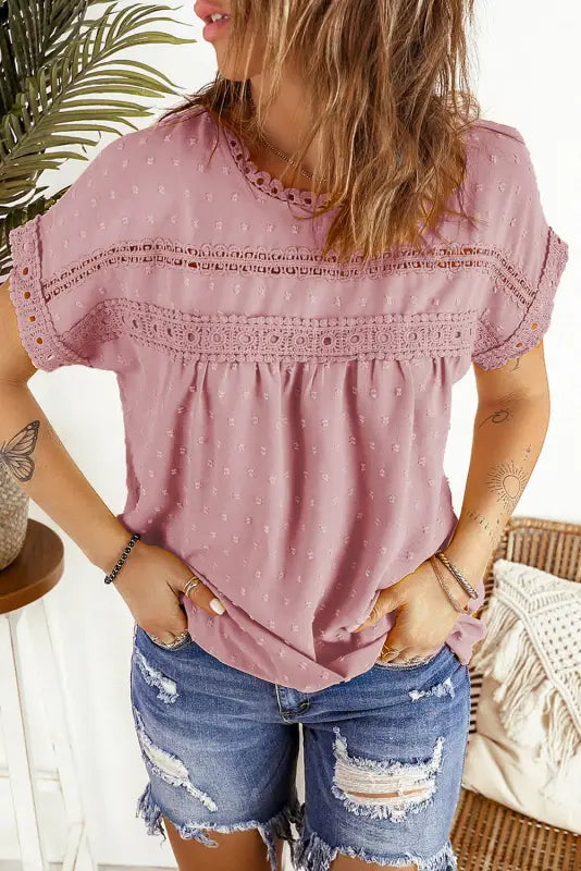 Swiss dot lace splicing short sleeve top - tops