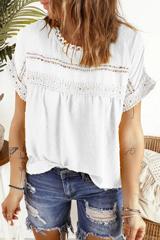 Swiss dot lace splicing short sleeve top - tops