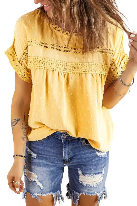 Swiss dot lace splicing short sleeve top - tops