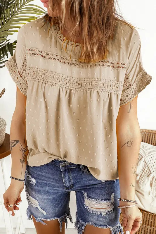 Swiss dot lace splicing short sleeve top - tops