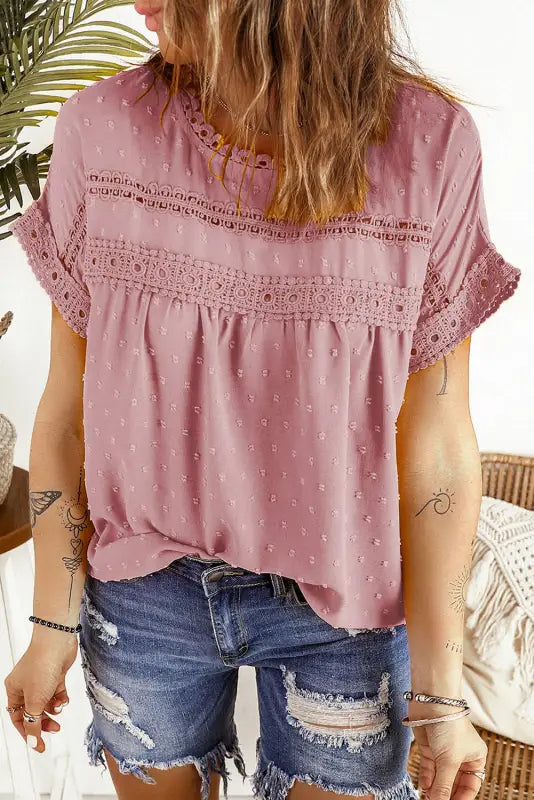 Swiss dot lace splicing short sleeve top - tops