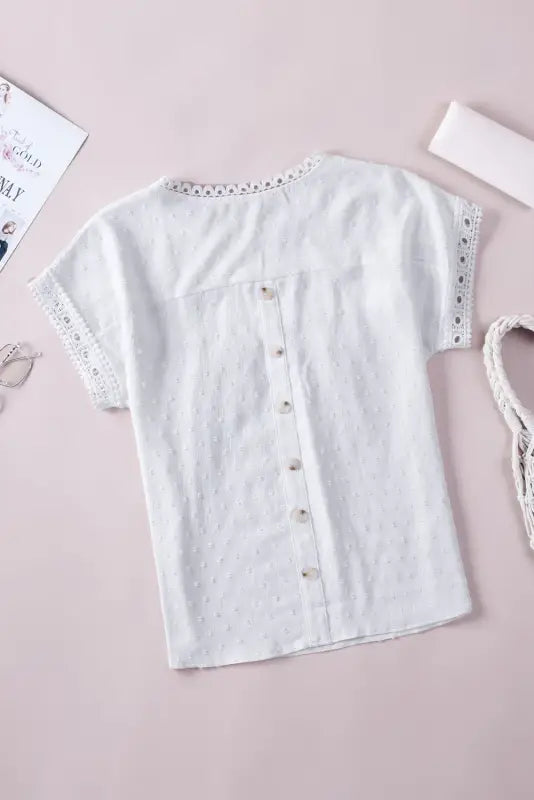 Swiss dot lace splicing short sleeve top - tops