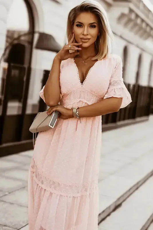 Swiss Dot Lace Trim Maxi Dress - Fashionfitz