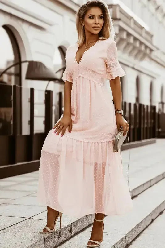 Woman wearing pink swiss dot lace trim maxi dress front view Fashionfitz UK