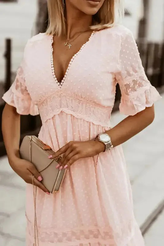 Swiss Dot Lace Trim Maxi Dress - Fashionfitz