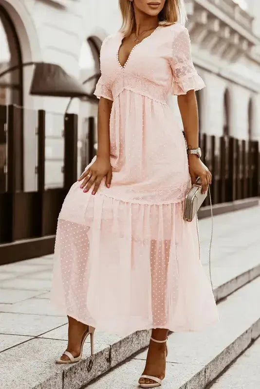 Close-up of swiss dot texture and delicate lace trim detail on maxi dress Fashionfitz UK