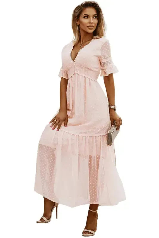 Swiss Dot Lace Trim Maxi Dress - Fashionfitz