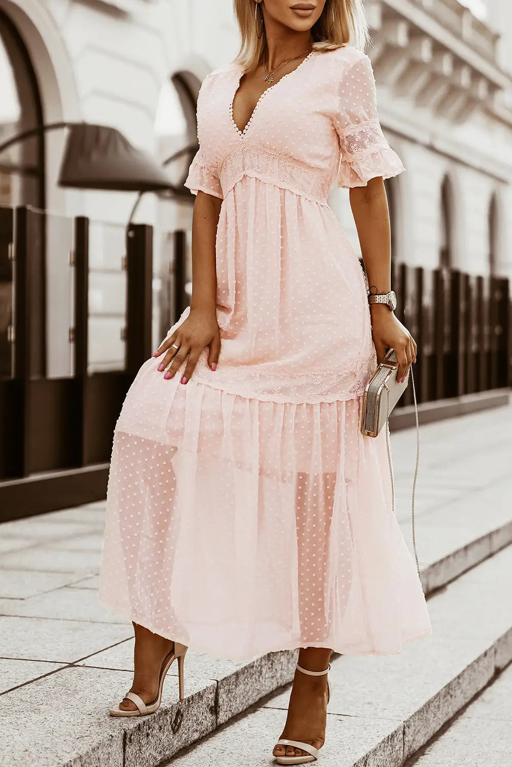 Swiss dot lace trim maxi dress - dresses