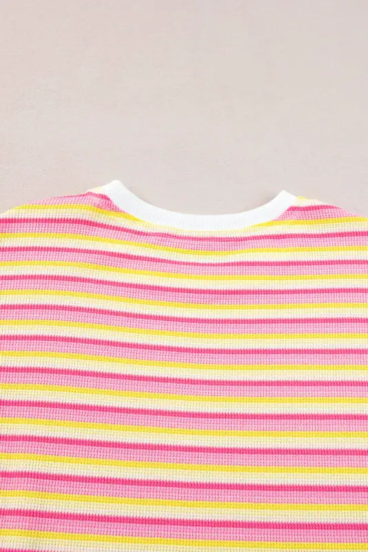 Striped knit top with pink, yellow, white bands; relax relax sleeve length crew neck dress