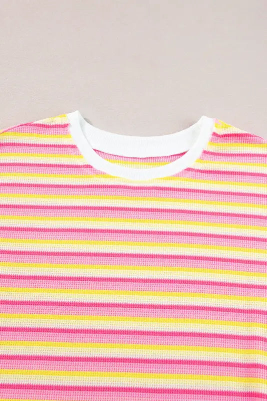 Striped t-shirt dress with pink, yellow, and white bands; white collar; relax relax