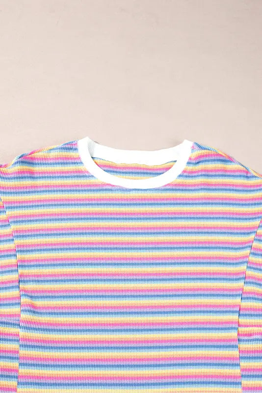 T-shirt dress - pink stripe crew neck with rainbow-striped t-shirt and white collar