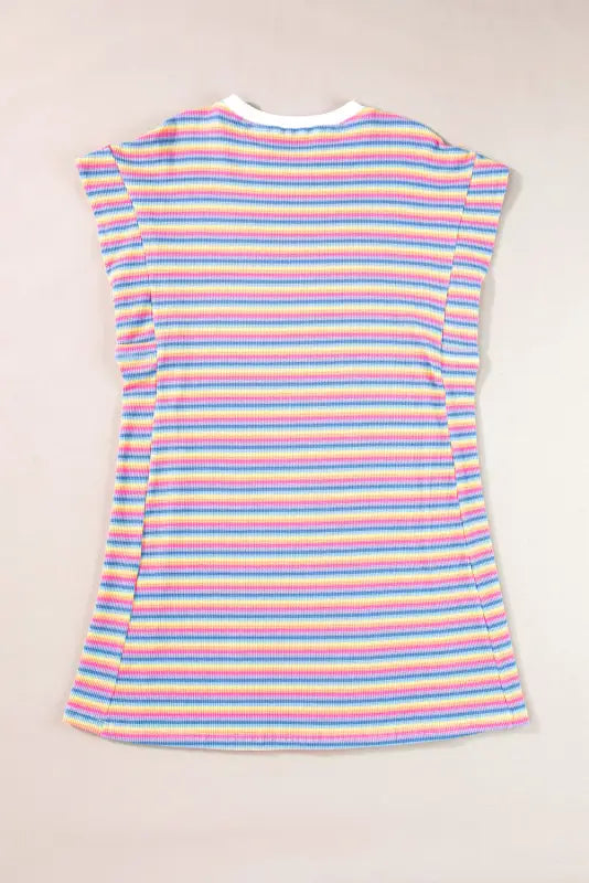 Colorful ribbed sleeveless t-shirt dress - pink stripe crew neck, relax relax style