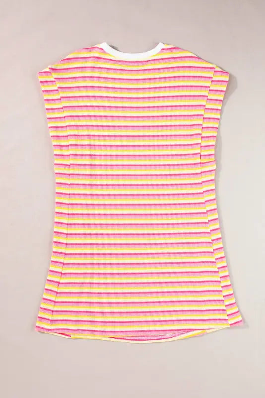 T-shirt dress: striped sleeveless shirt with yellow, pink, & white lines for relax relax style