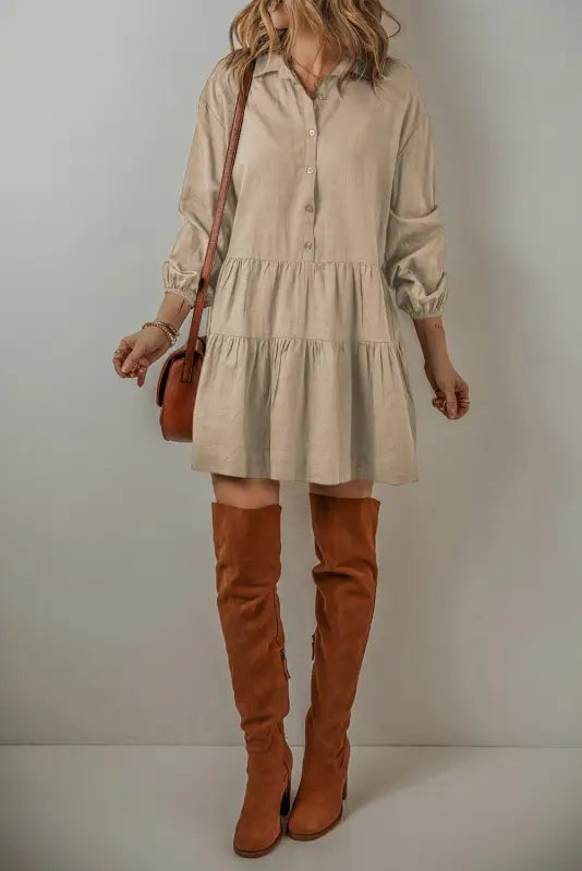 Tan chic puff-sleeve pleated mini dress