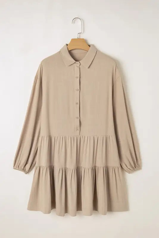 Tan chic puff-sleeve pleated mini dress