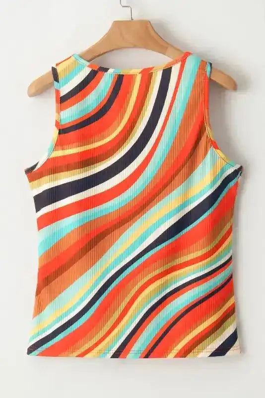 Tank Top - Wavy Striped Buttoned V-Neck - Fashionfitz