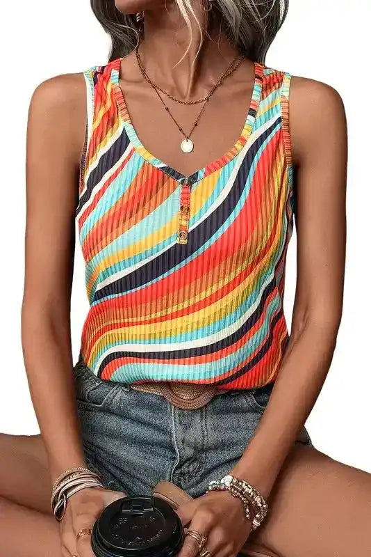 Tank Top - Wavy Striped Buttoned V-Neck - Fashionfitz