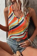 Tank Top - Wavy Striped Buttoned V-Neck - Fashionfitz