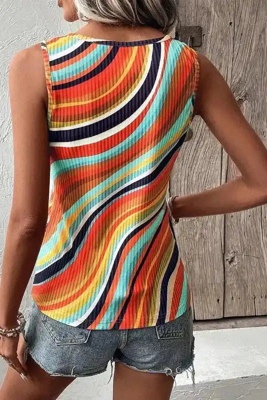 Tank Top - Wavy Striped Buttoned V-Neck - Fashionfitz
