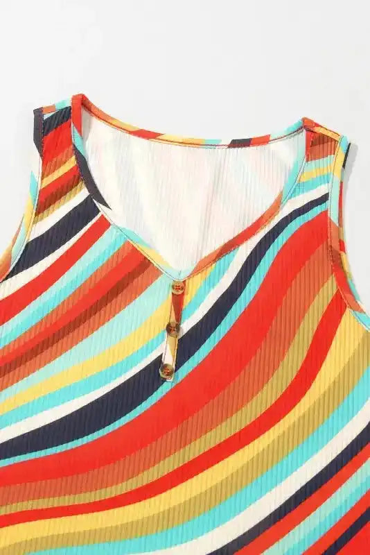 Tank Top - Wavy Striped Buttoned V-Neck - Fashionfitz