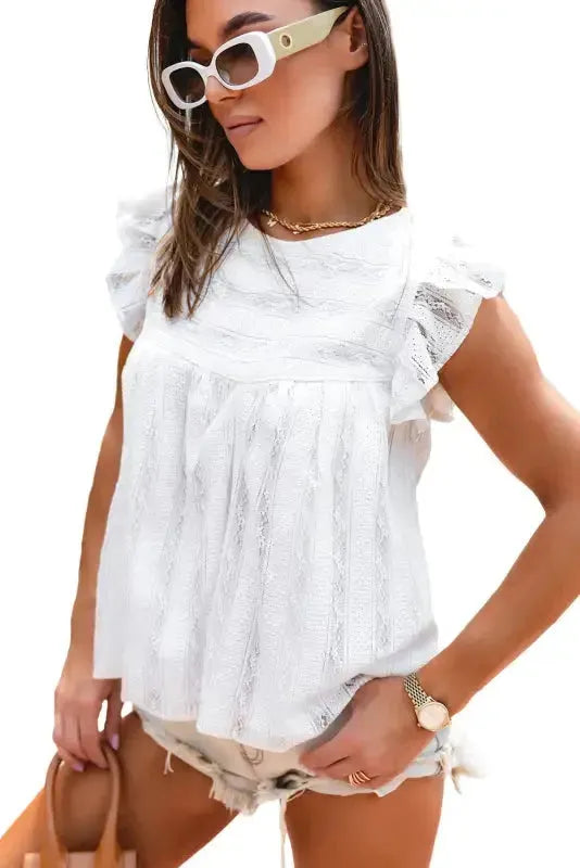 White Ruffled Lace Flowy Tank Top - Fashionfitz
