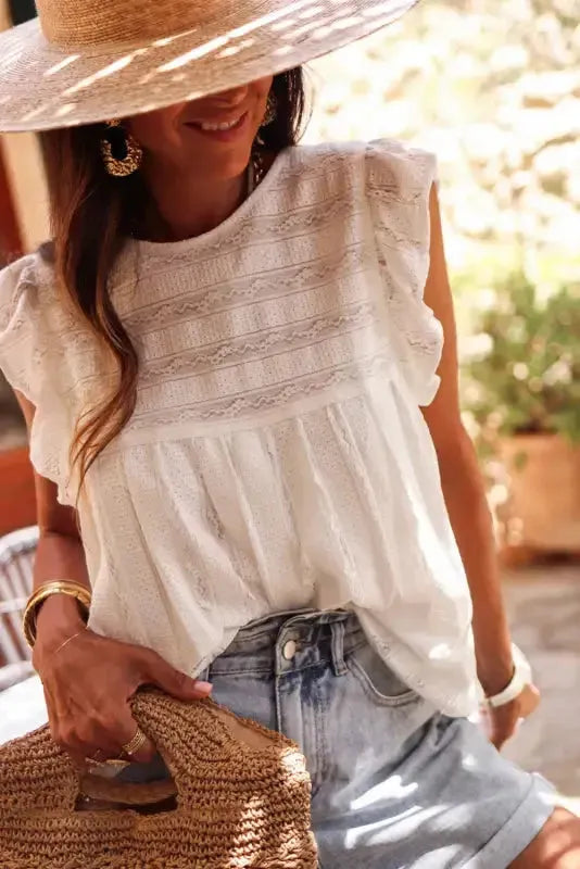 White Ruffled Lace Flowy Tank Top - Fashionfitz