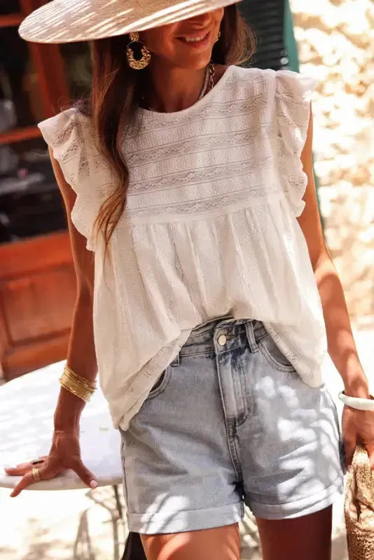 White Ruffled Lace Flowy Tank Top - Fashionfitz